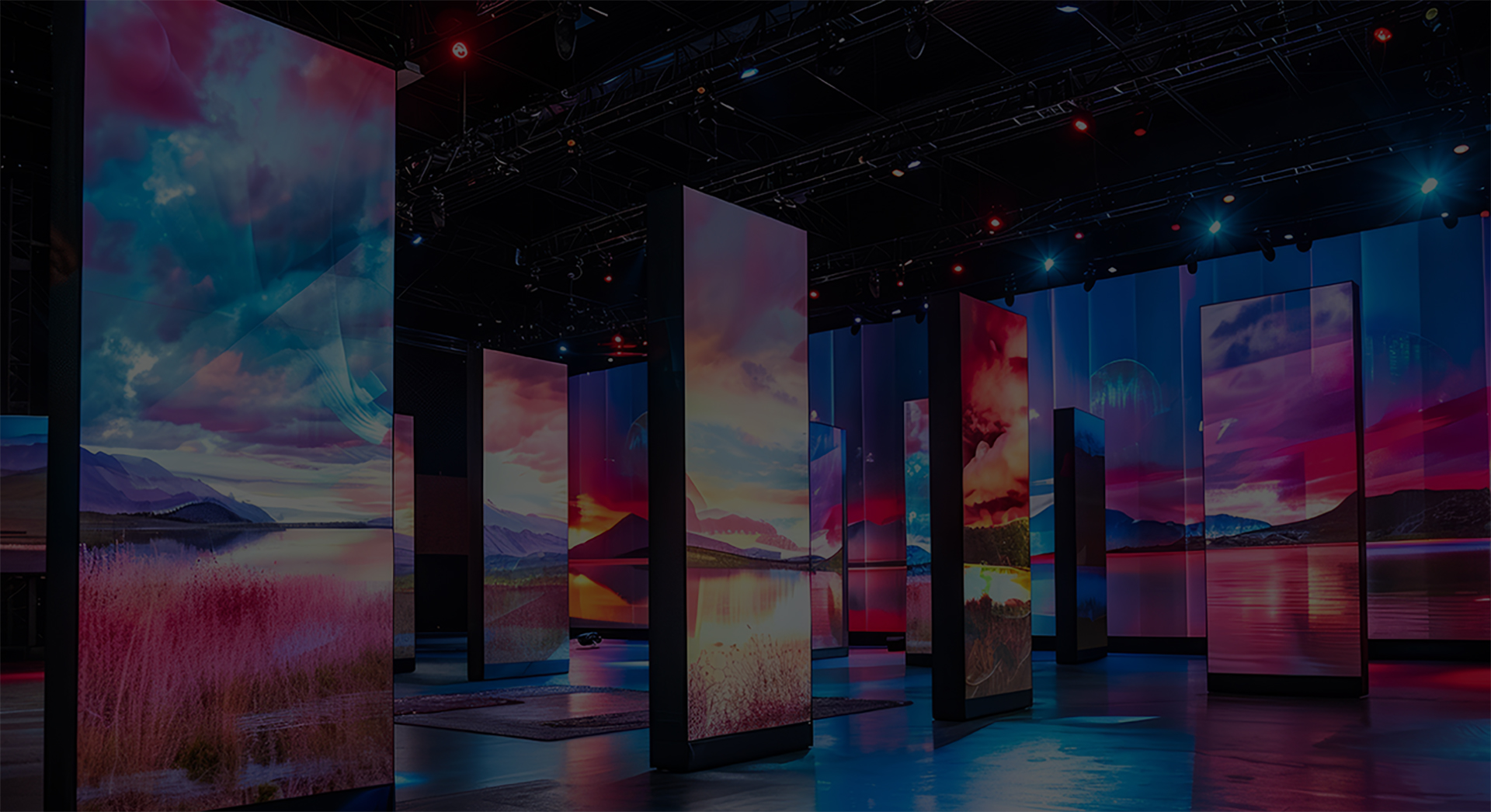 A modern stage set for a performance or event, with multiple lar